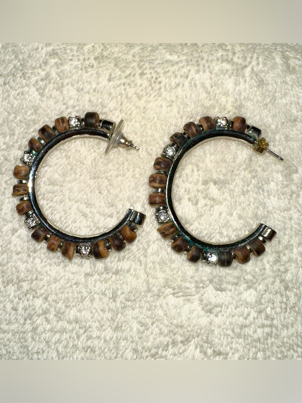 Authentic Givenchy 925 Silver Wood Bead Rhinestone Half Hoop Earrings Y2K